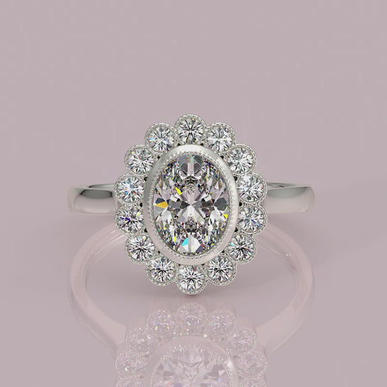 yb jewellers cluster halo ring engagement ring grain set halo oval shape plain band