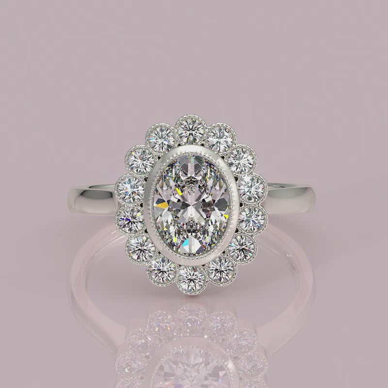 yb jewellers cluster halo ring engagement ring grain set halo oval shape plain band