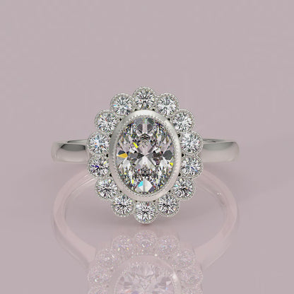 yb jewellers cluster halo ring engagement ring grain set halo oval shape plain band