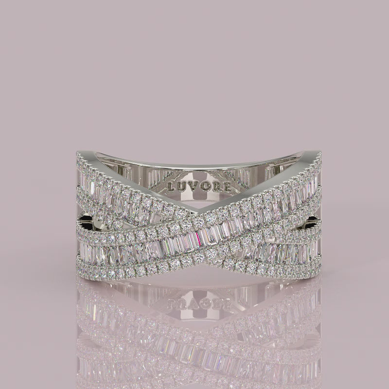 a sandwich diamond eternity crossover ring created to convey harmony, movement, and timeless allure