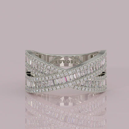 a sandwich diamond eternity crossover ring created to convey harmony, movement, and timeless allure