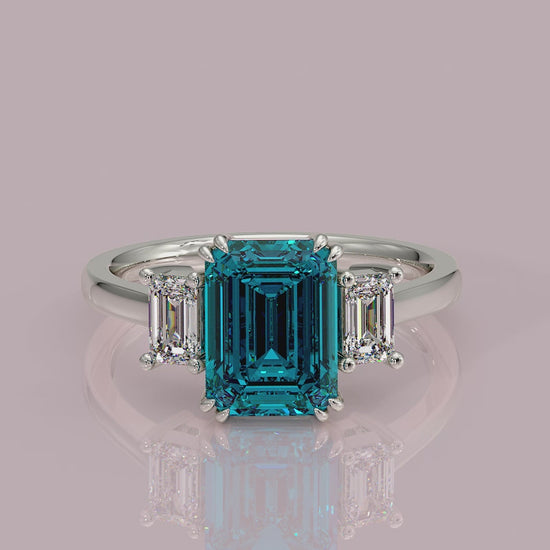 yb jewellers trilogy emerald cut engagement ring lab grown diamonds coloured diamonds platinum ring