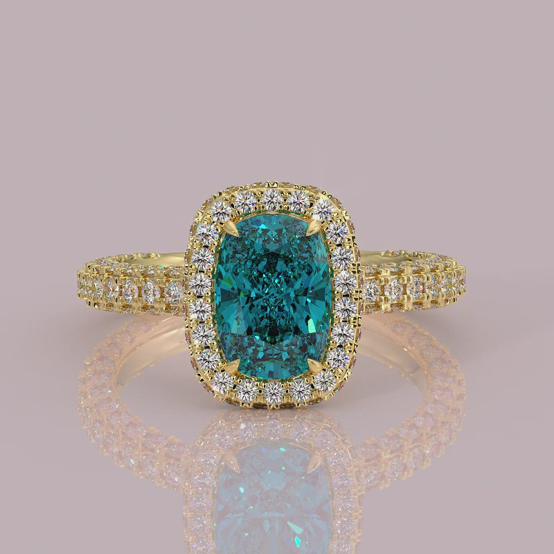 yb jewellers cushion blue diamond engagement ring in a halo diamond ring lab grown with diamond encrusted hidden halo and band