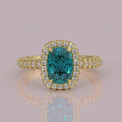 yb jewellers cushion blue diamond engagement ring in a halo diamond ring lab grown with diamond encrusted hidden halo and band