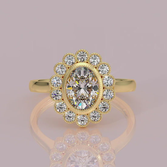 yb jewellers cluster halo ring engagement ring grain set halo oval shape plain band