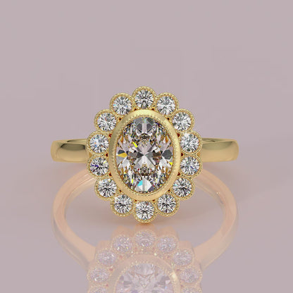 yb jewellers cluster halo ring engagement ring grain set halo oval shape plain band