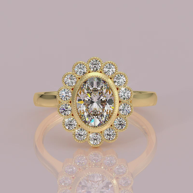 yb jewellers cluster halo ring engagement ring grain set halo oval shape plain band