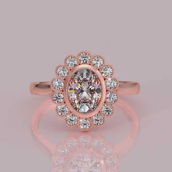 yb jewellers cluster halo ring engagement ring grain set halo oval shape plain band