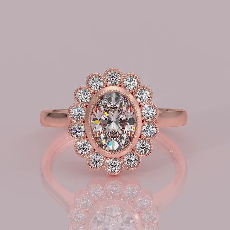 yb jewellers cluster halo ring engagement ring grain set halo oval shape plain band