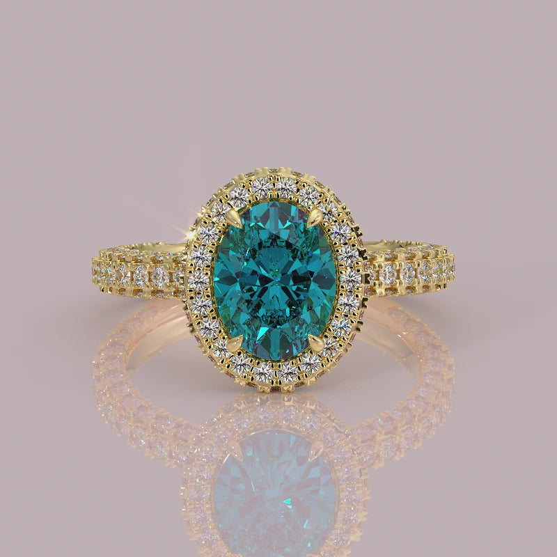 oval diamond halo lab grown blue diamond engagement ring - 18k yellow gold diamond ring
