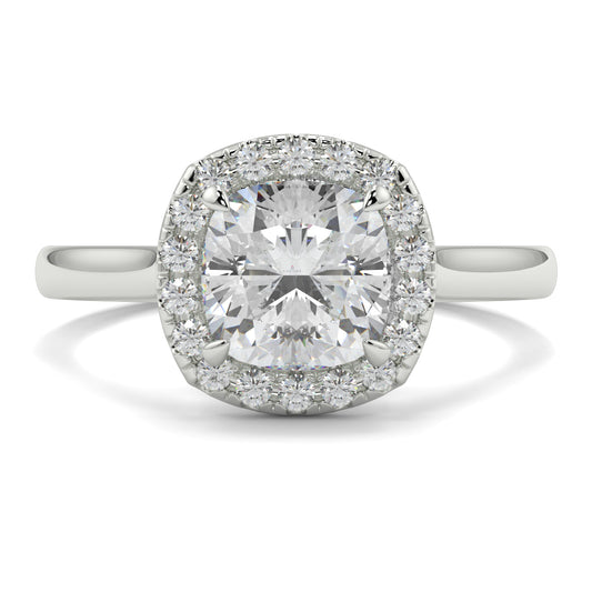 Diamond ring with a cushion-cut center stone and smaller diamonds around on a white background single halo with plain shoulder diamond engagement ring yb jewellers best seller trending ring 