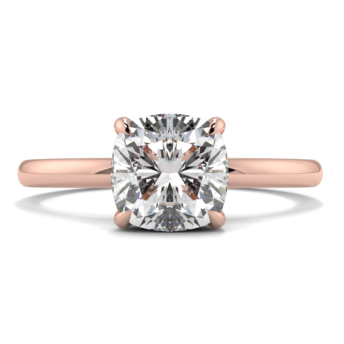 Rose gold ring with a large diamond on a white background yb jewellers solitaire engagement ring best selling design cushion shape diamond 4 claw with a slim band
