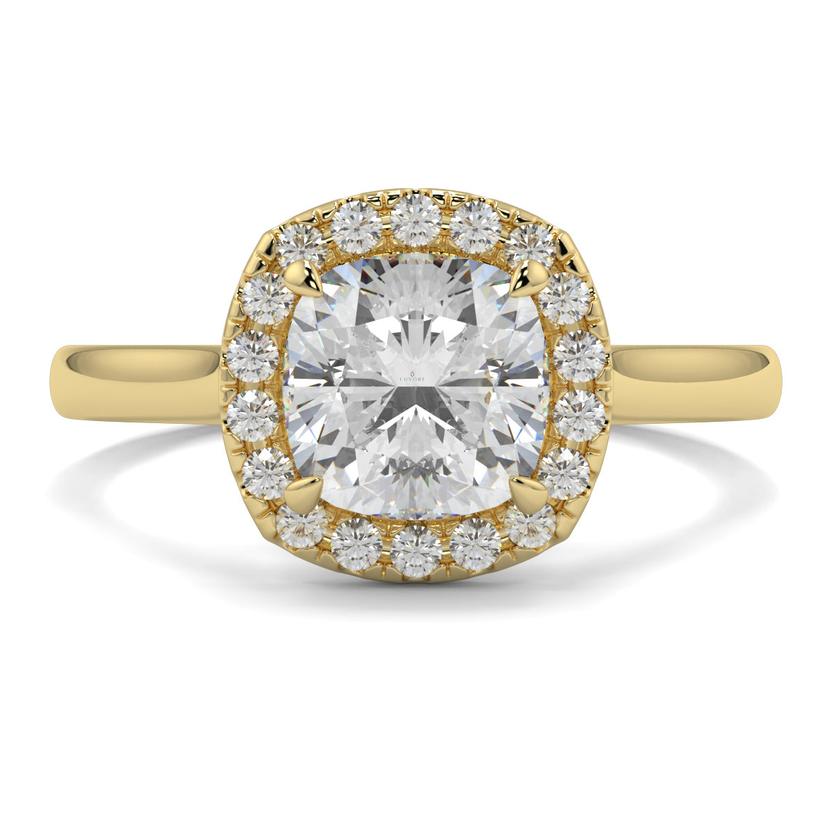 Gold ring with a large central diamond and smaller diamonds around on a white background single halo with plain shoulder diamond engagement ring yb jewellers best seller trending ring 