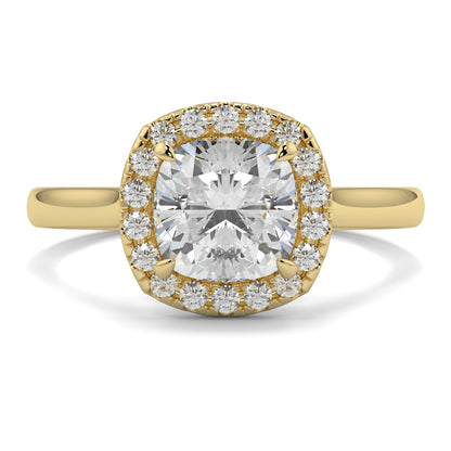 Gold ring with a large central diamond and smaller diamonds around on a white background single halo with plain shoulder diamond engagement ring yb jewellers best seller trending ring 