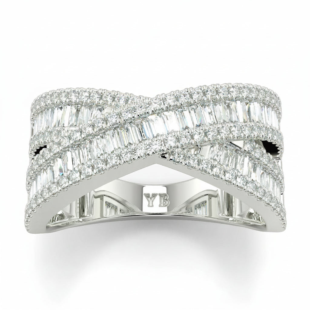 Diamond ring with YB branding on a white background a sandwich diamond eternity crossover ring created to convey harmony, movement, and timeless allure