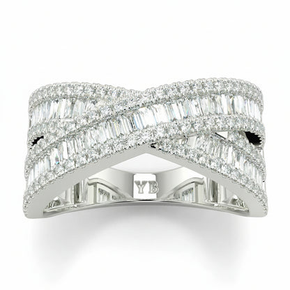 Diamond ring with YB branding on a white background a sandwich diamond eternity crossover ring created to convey harmony, movement, and timeless allure