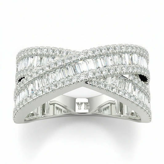 Diamond ring with YB branding on a white background a sandwich diamond eternity crossover ring created to convey harmony, movement, and timeless allure