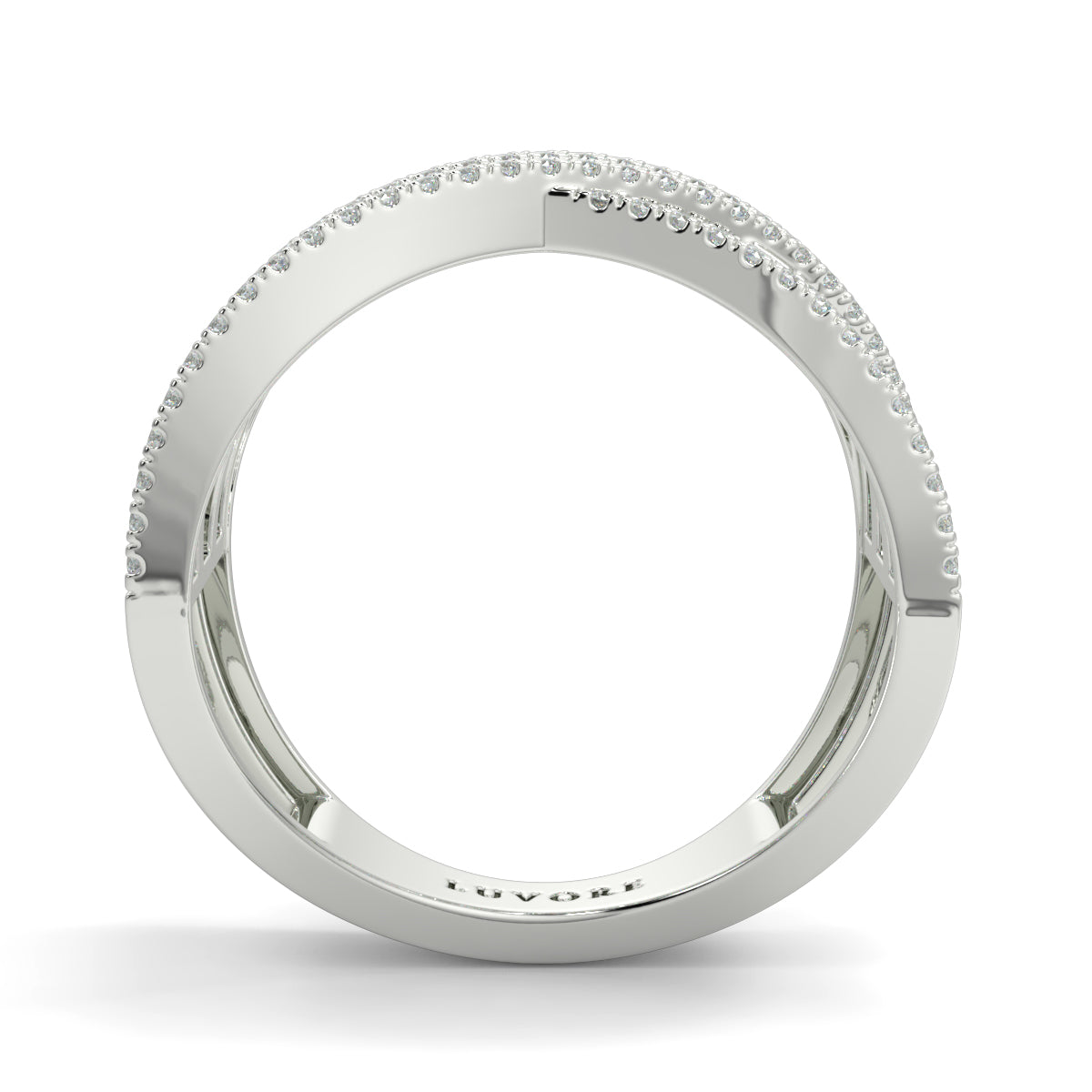 Silver ring with small stones on a white background a sandwich diamond eternity crossover ring created to convey harmony, movement, and timeless allure