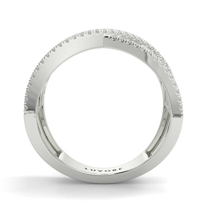 Silver ring with small stones on a white background a sandwich diamond eternity crossover ring created to convey harmony, movement, and timeless allure