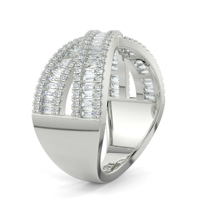 Silver ring with diamond accents on a white background a sandwich diamond eternity crossover ring created to convey harmony, movement, and timeless allure