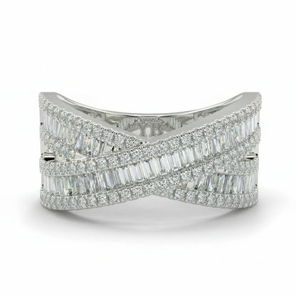 Diamond ring with baguette and round cut diamonds on a white background