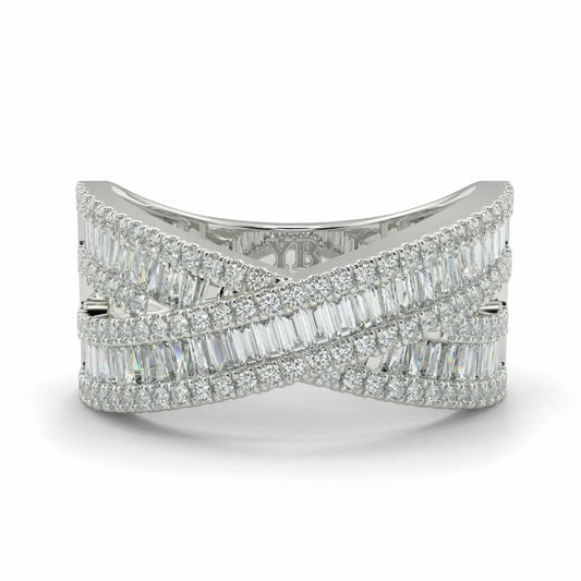 Diamond ring with baguette and round cut diamonds on a white background