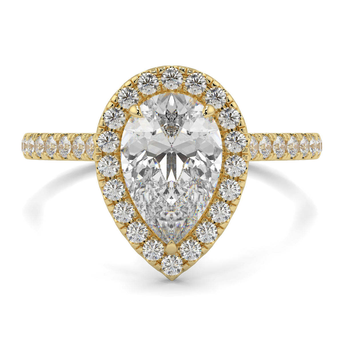 Gold ring with a pear-shaped diamond and smaller diamonds on a white  yb jewellers Pear engagement ring background
