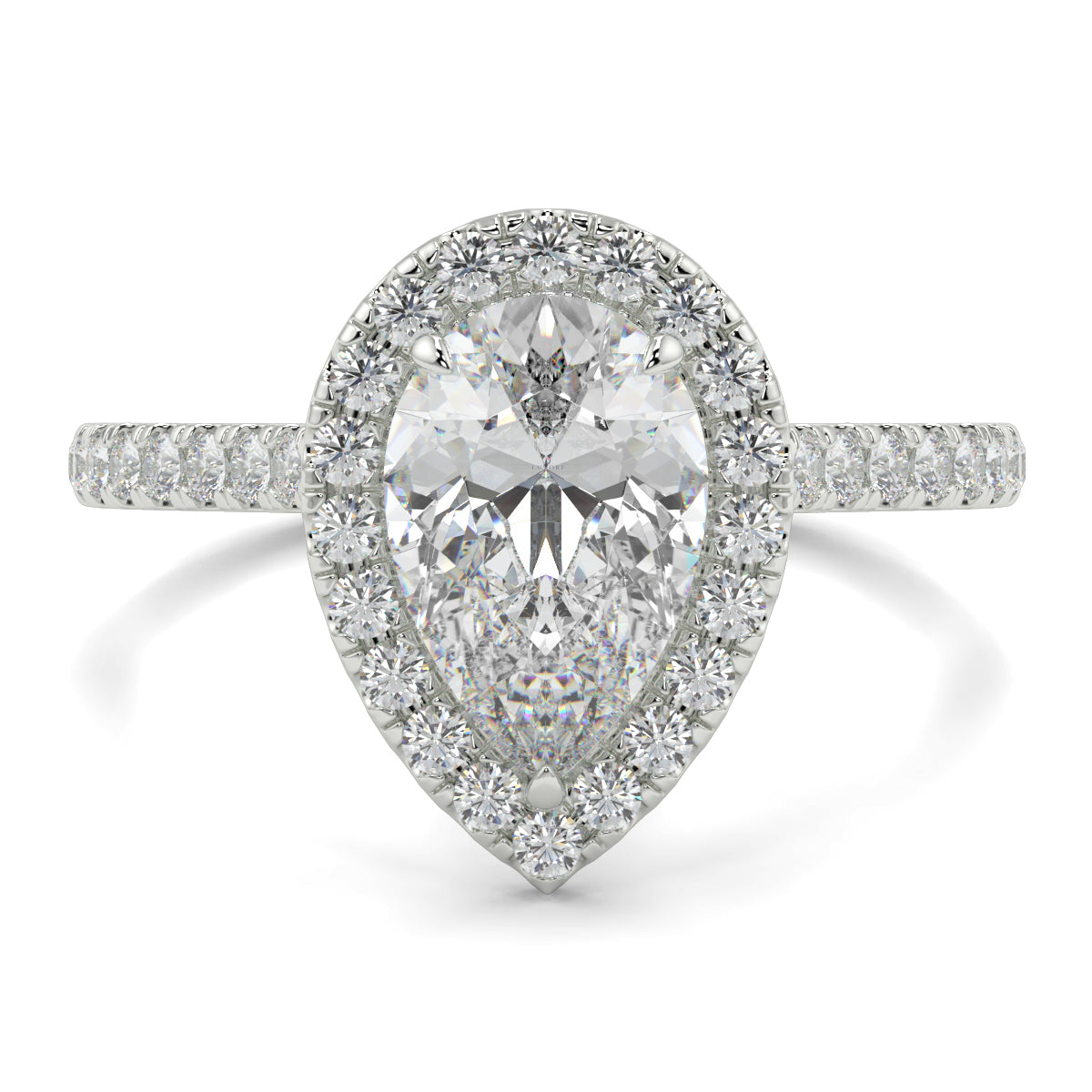 Diamond ring with pear-shaped center stone and halo on a white background yb jewellers Pear engagement ring 