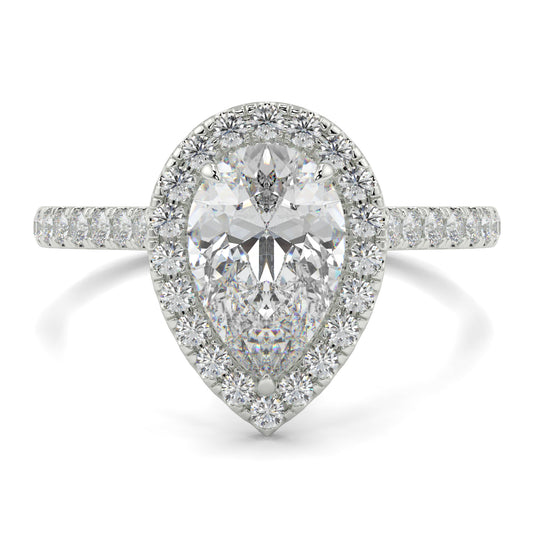 Diamond ring with pear-shaped center stone and halo on a white background yb jewellers Pear engagement ring 