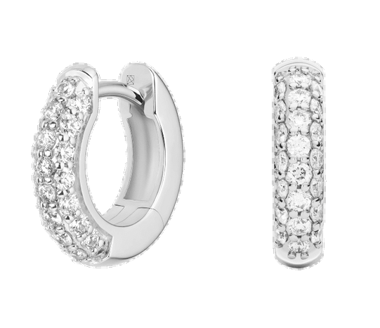 Silver hoop earrings with clear gemstones on a white background